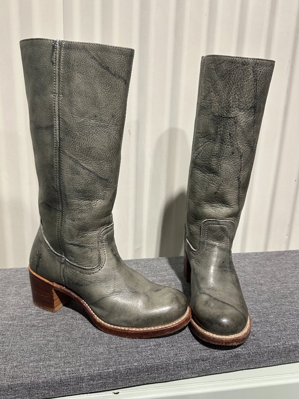FRYE Sabrina 14L Stacked Heel Leather Boots Green Grey 8.5